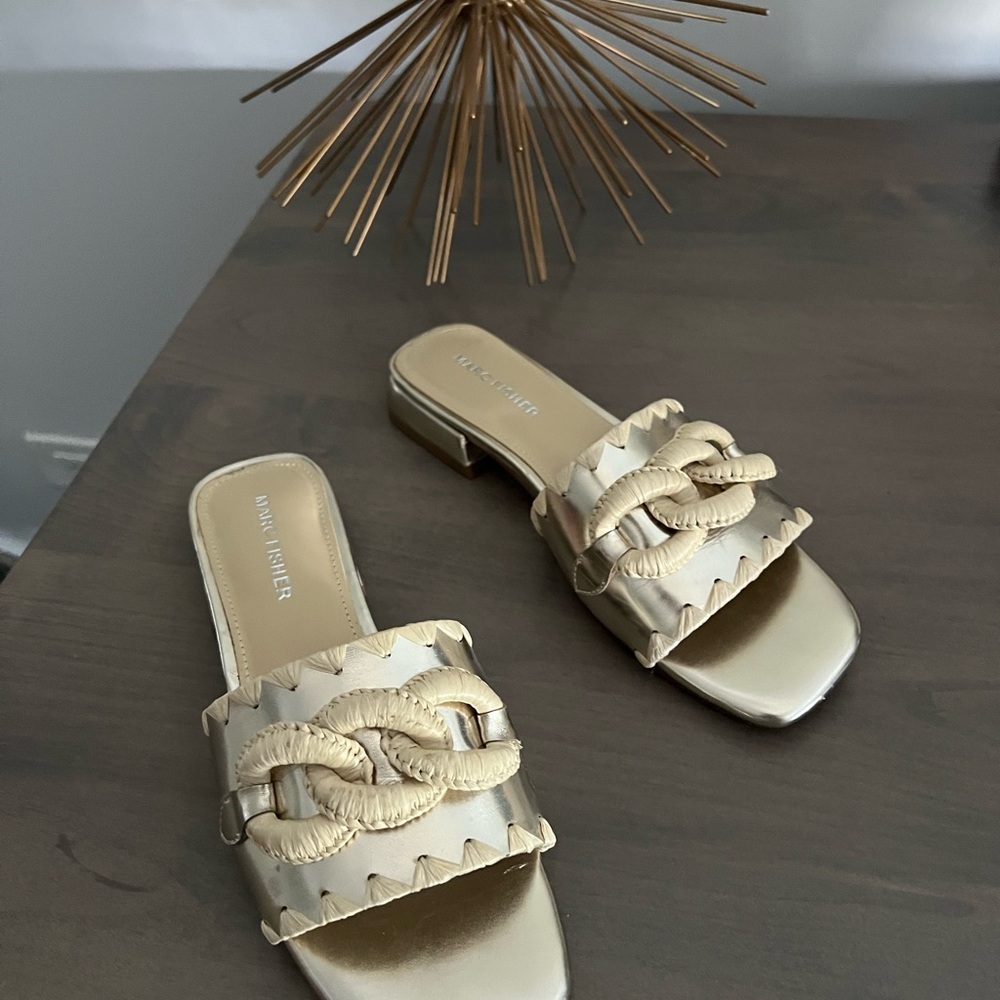 Marc Fisher Gold Sandals with Chain-Link Detail